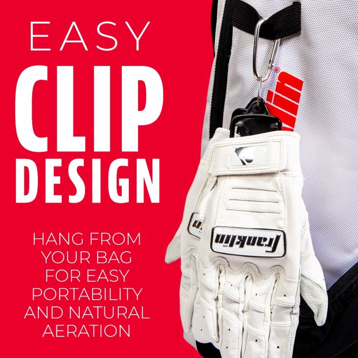 A pair of Franklin MLB Glove Aerator: 2357 white sports gloves hangs from a black clip on a white and black bag. Large text reads: Easy Clip Design. Smaller text: Hang on your bag for portability and glove aerator moisture control.