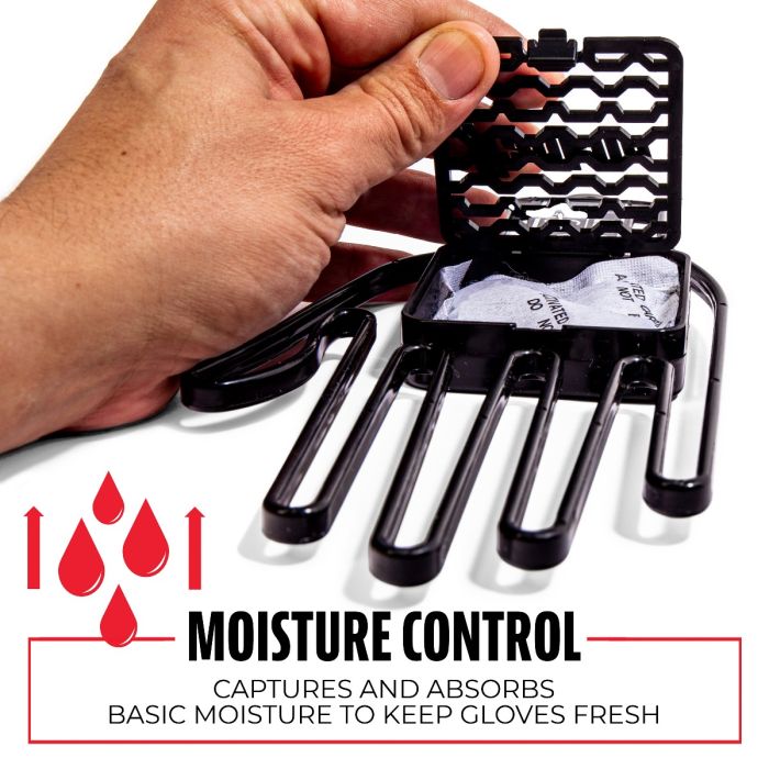 A hand-shaped insert opens to reveal a moisture-absorbing packet. Red icons and text read: Franklin MLB Glove Aerator 2357—captures and absorbs moisture to keep gloves fresh with built-in Franklin glove aerator.