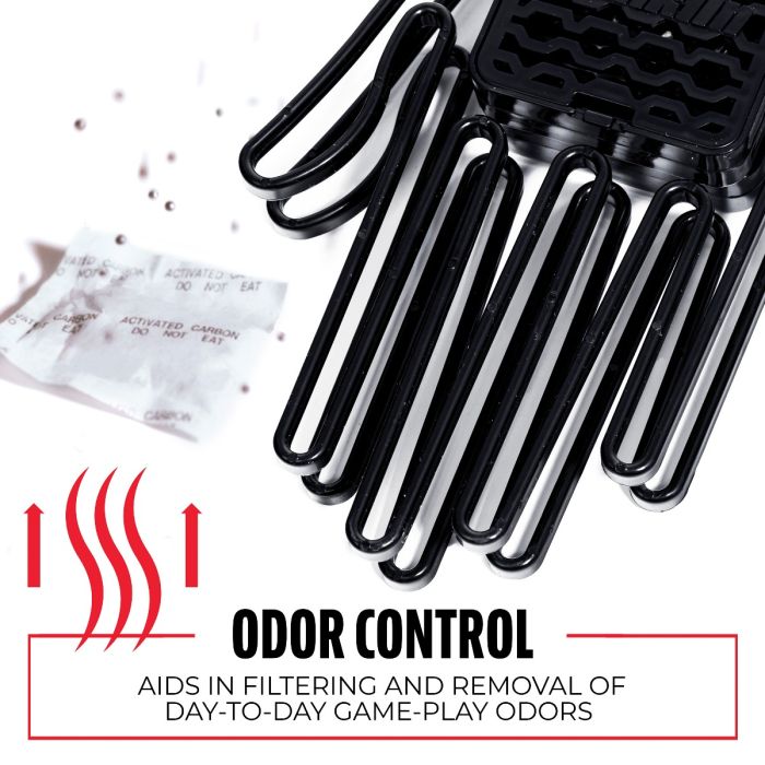 The Franklin MLB Glove Aerator: 2357 by Franklin includes a black glove aerator and white activated carbon packet with red wavy lines, providing odor control by filtering daily odors and helping manage moisture.