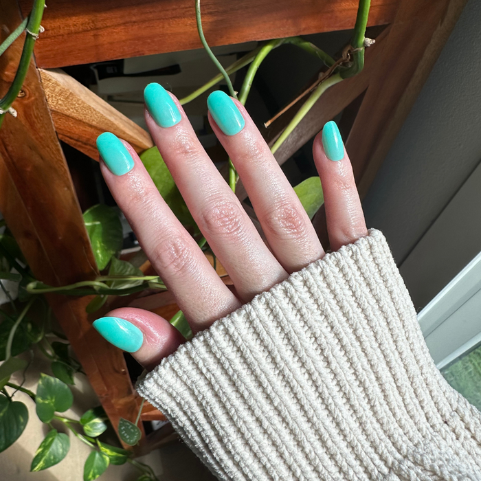 Fresh Aqua - Press-On | Short | Round showing hand with short round turquoise-green press-on nails indoors by a plant