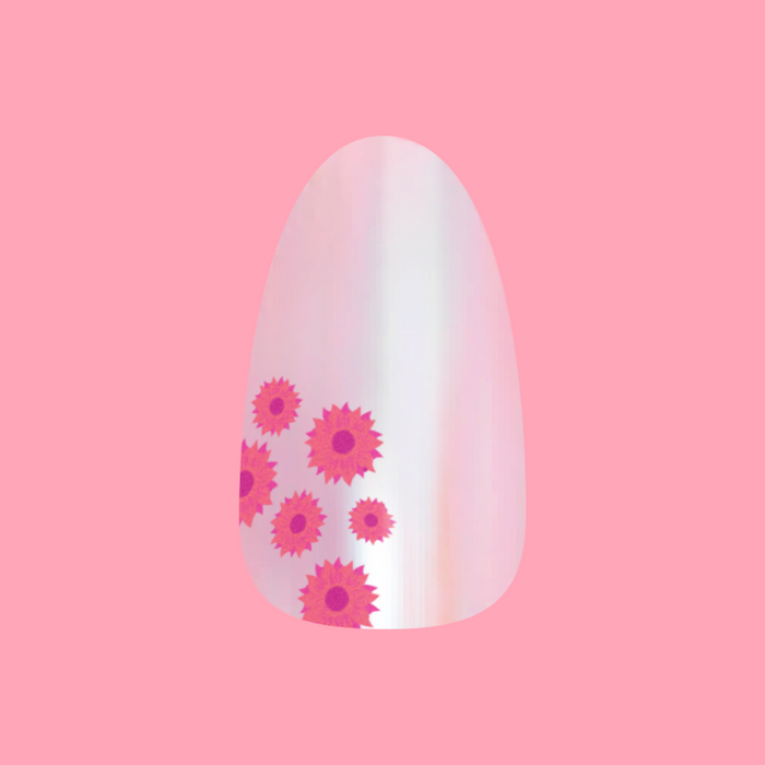 Fuchsia Florals - Press-On | Short | Almond showing single short almond nail with iridescent base and pink floral design on pink background