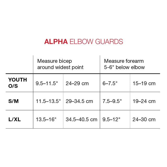G-Form Alpha Batter's Elbow Guard (AEP132) sizing chart: Bicep/forearm (in/cm) for Youth 9.5–11.5/6–7.5, S/M 11.5–13.5/7.5–9.5, L/XL 13.5–16/9.5–12—ensuring a secure fit and SmartFlex impact protection.