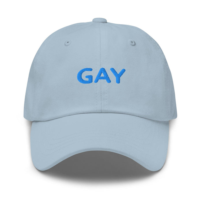 Light blue cap with 'GAY' text on a white background