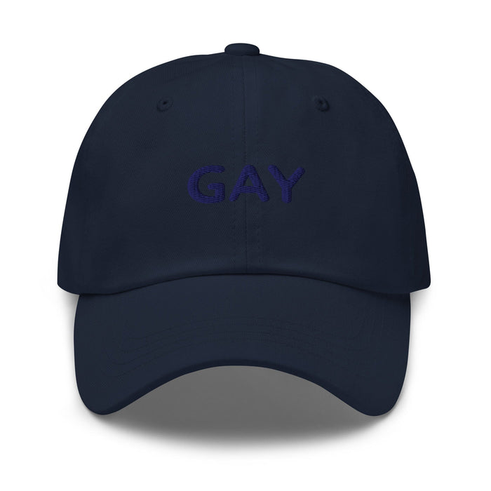 Navy cap with 'GAY' text on a white background