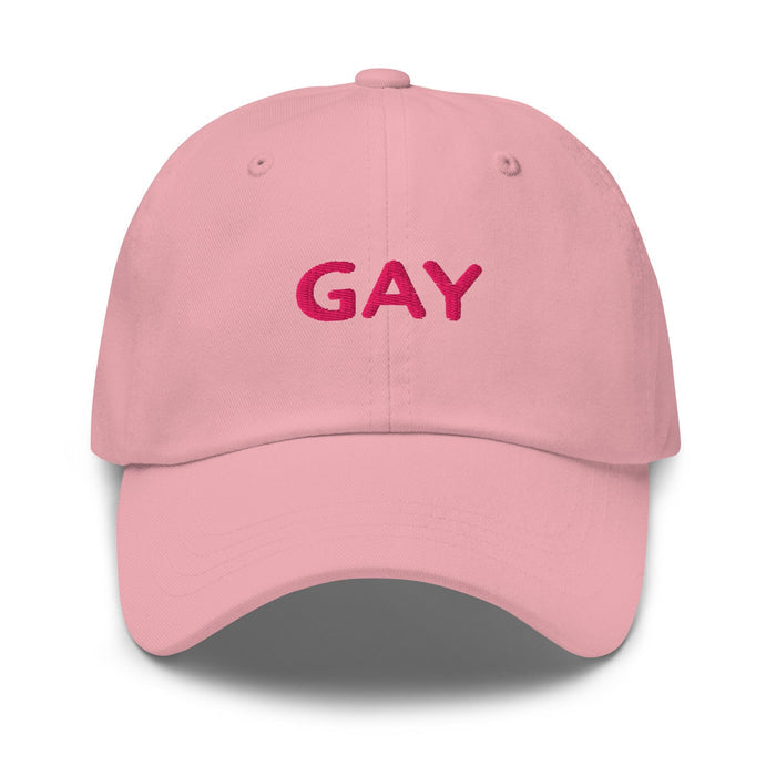 Pink cap with 'GAY' text on a white background