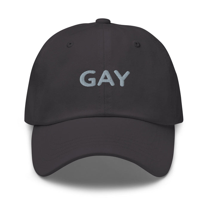 Dark grey cap with 'GAY' text on a white background