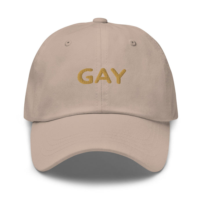 Stone cap with 'GAY' text on a white background