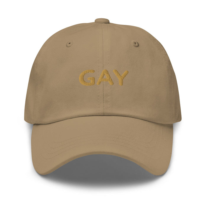 Khaki cap with 'GAY' text on a white background
