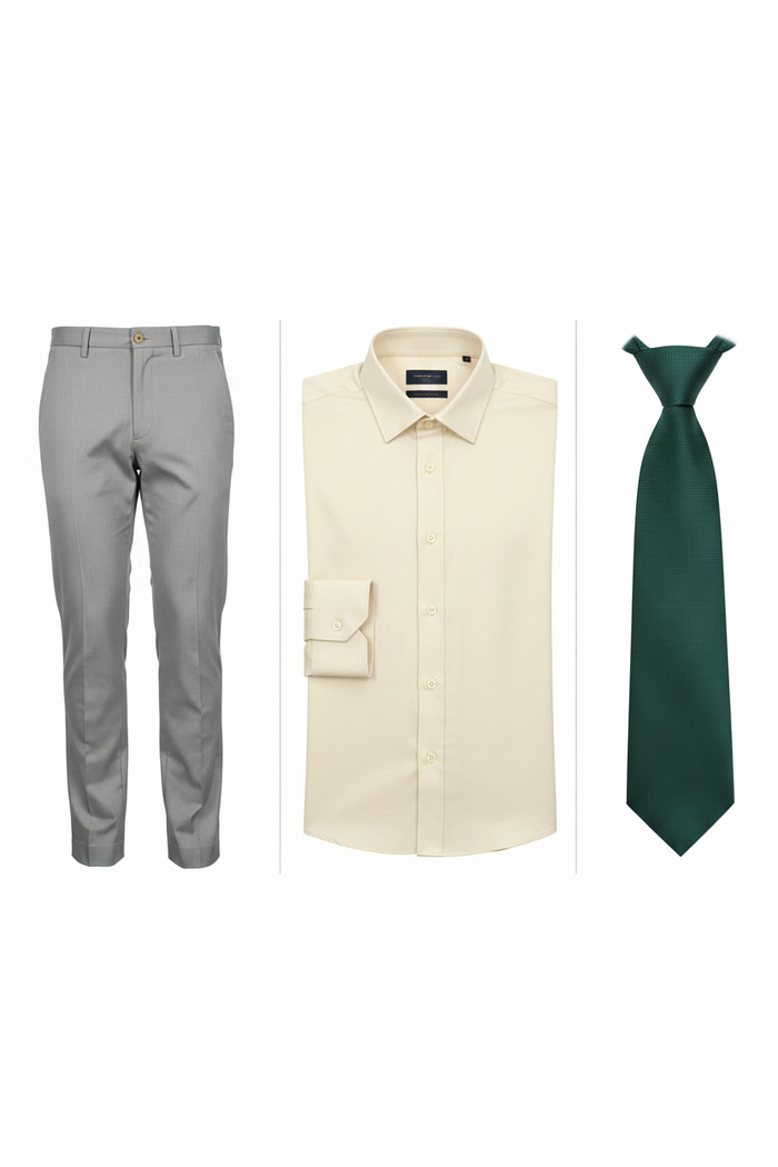 Light grey pants, cream Monza Italy shirt and forest green tie combo - full length