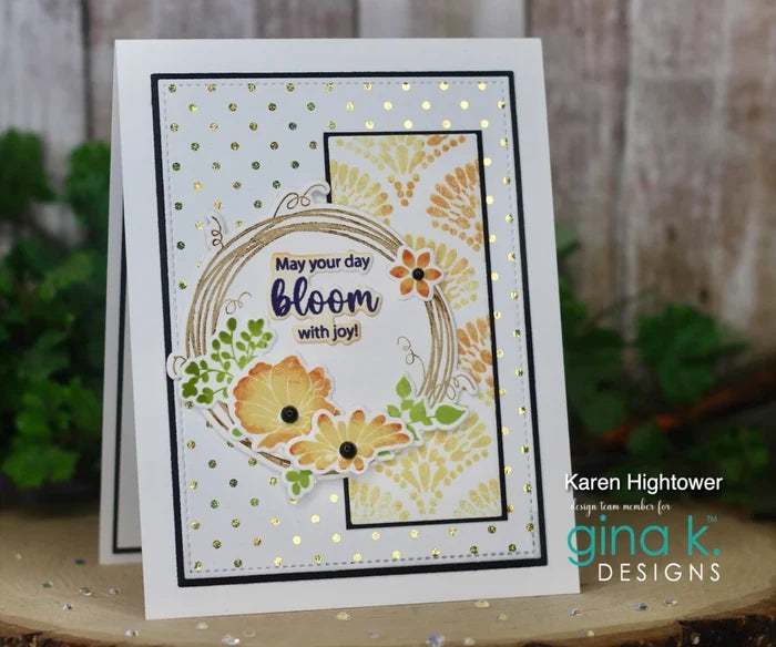 Gina K. Designs - Background Stamp - Ornate Fans. Ornate Fans is a stamp set by Arjita Singh. This set is made of premium clear photopolymer and measures 4" X 6". Available at Embellish Away located in Bowmanville Ontario Canada. Example by Karen Hightower.