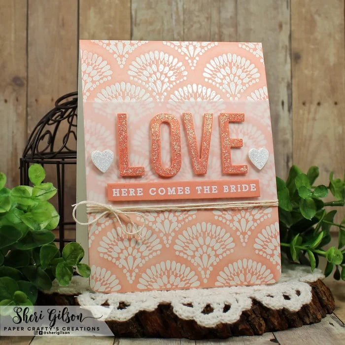 Gina K. Designs - Background Stamp - Ornate Fans. Ornate Fans is a stamp set by Arjita Singh. This set is made of premium clear photopolymer and measures 4" X 6". Available at Embellish Away located in Bowmanville Ontario Canada. Example by Sheri Gilason