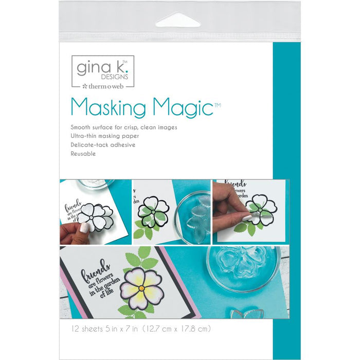 Gina K Designs - Masking Magic Sheets - 5"X7" 12/Pkg. Gina K. Designs Masking Magic has all of your masking techniques covered! The ultra-thin, delicate-tack, adhesive-backed paper is designed to give crisp, clean results without tearing or leaving a sticky residue on your projects. Masks created with Masking Magic are reusable and won't create an unwanted halo effect around your artwork.  Available at Embellish Away located in Bowmanville Ontario Canada.