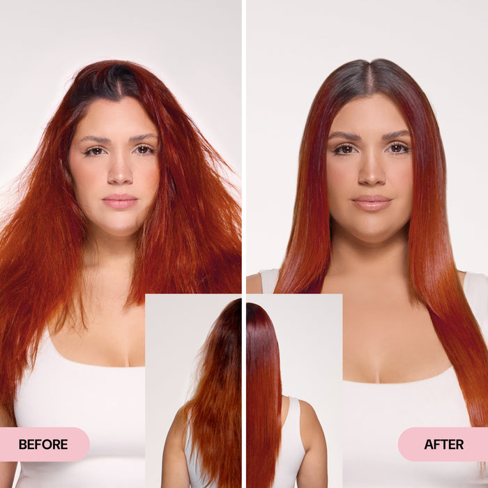 Before and After showing frizzy hair on the left and sleek, shiny hair on the right.