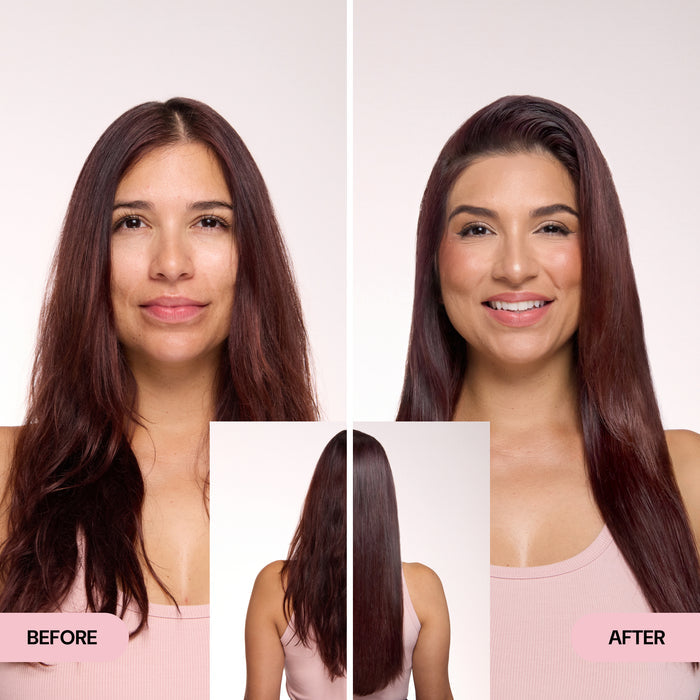 Before and after images of a woman showing smoother, shinier, and more polished hair transformation.