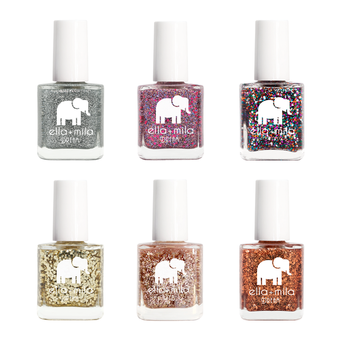 Glitter Collection 6 nail polish bottles in silver, berry, multicolor, gold, rose gold and bronze glitters