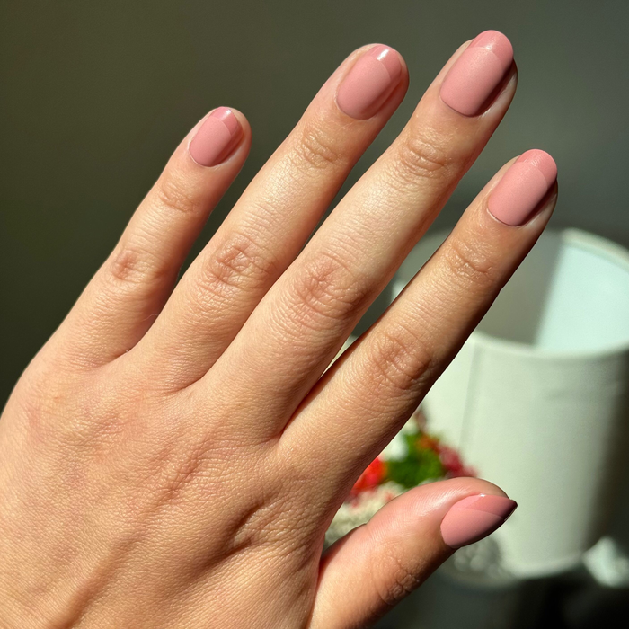 Glossy Tip Tawny French - Press-On | Extra Short | Round matte warm tawny false nails with glossy tips for easy at-home manicure