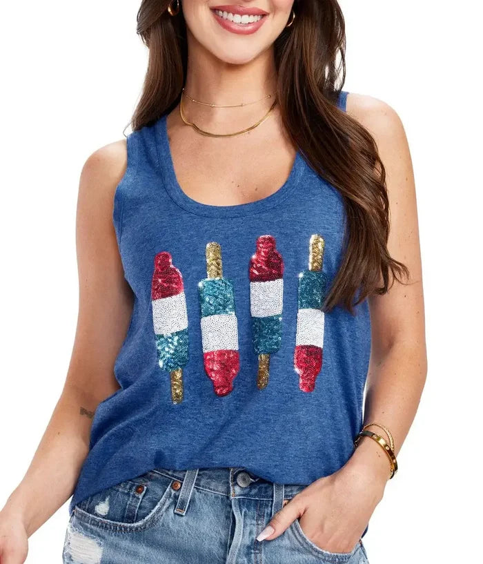 Tipsy Elves Women's Grand Finale Sequin Tank Top featuring patriotic USA Popsicle design, sleeveless top with shiny sequin details.