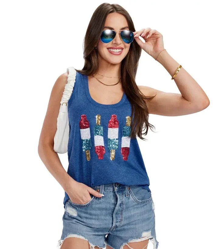Tipsy Elves women's Grand Finale Sequin Tank Top featuring USA popsicle design, vibrant sequins, and sleeveless style.