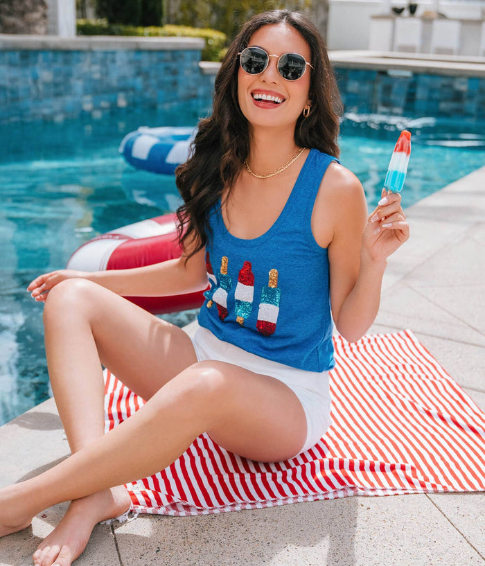 Women's Tipsy Elves Grand Finale Sequin Tank Top featuring a USA Popsicle design, sleeveless top with colorful sequin embellishments.