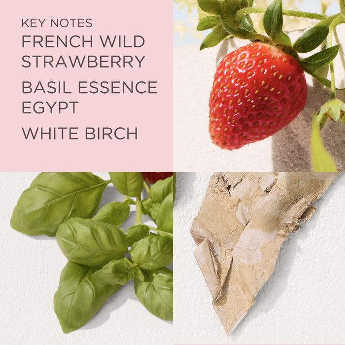 Key Ingredients include French Wild Strawberry, Basil Essence Egypt and White Birch