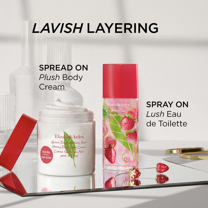 Lavish Layering. Spread on the plush Green Tea Strawberry Basil Body Cream and then spray on lush Green Tea Strawberry Basil Eau de Toilette.