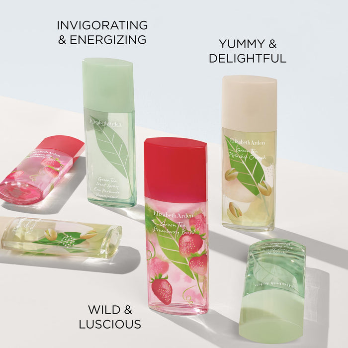 Green Tea Collection includes the original Green Tea Eau de Toilette which is invigorating and energizing, Green Tea Pistachio Eau de Toilette which is yummy and delightful, and Green Tea Strawberry Basil which is wild and luscious.