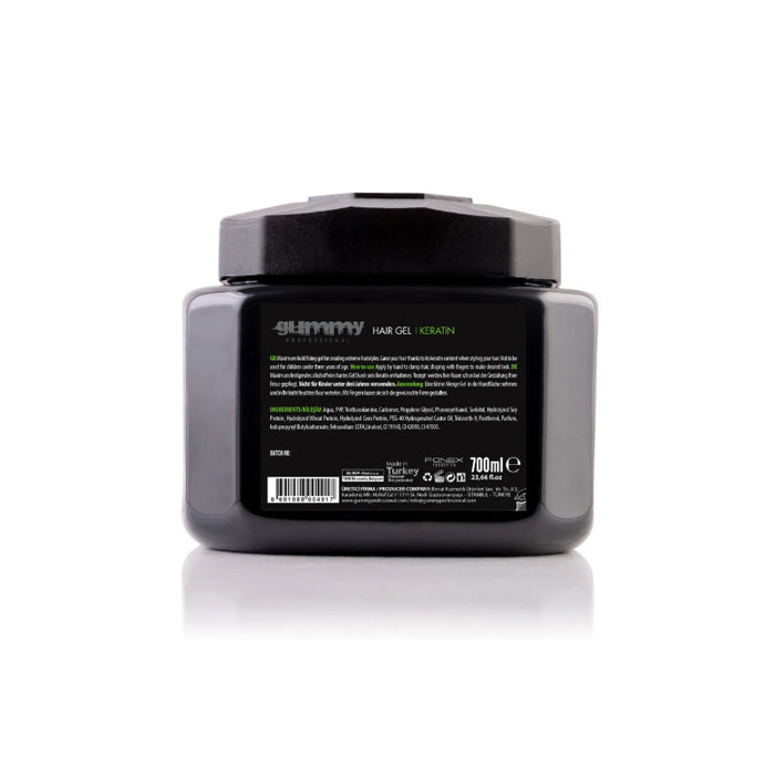 GUMMY keratin hair gel 700ml black jar shown from back with product label for styling and smoothing