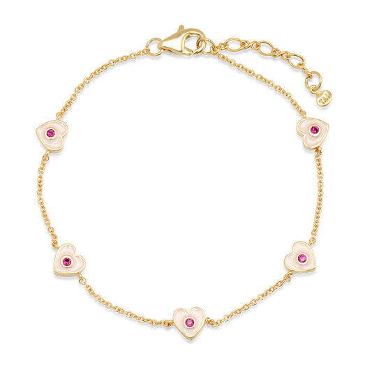 Gold chain bracelet with five pink enamel heart charms and purple inlay