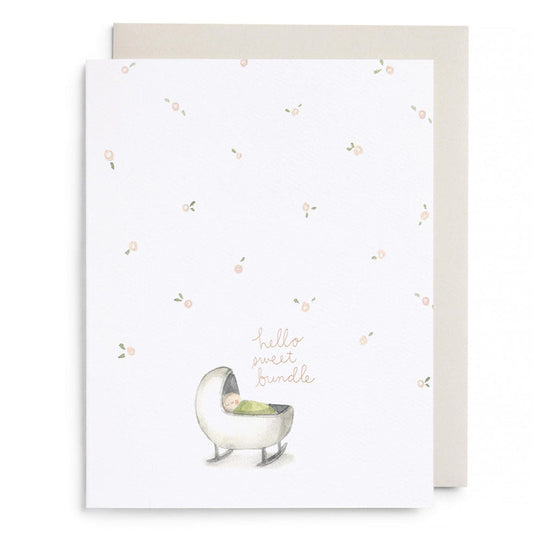 Greeting card bundle, white with scattered fruit pattern and stroller illustration