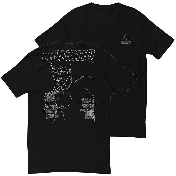 honcho white male drawing on black t-shirt