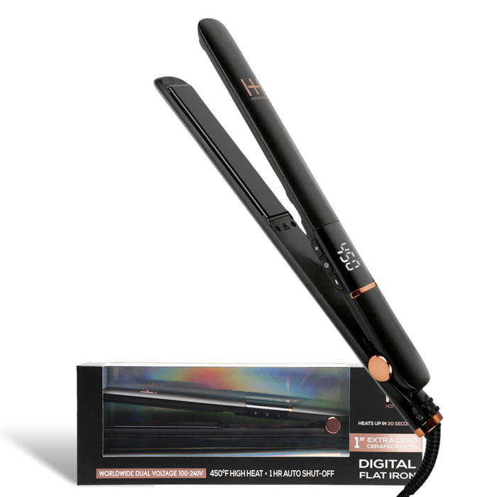 Hot & Hotter Extra Long Ceramic Digital Flat Iron 1in, Black
