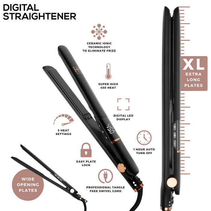 Hot & Hotter Extra Long Ceramic Digital Flat Iron 1in, Black