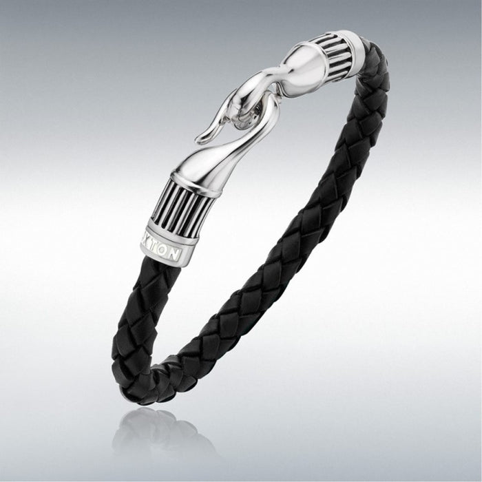 'Hoxton London' Men's Sterling Silver 'Bold' Leather and Silver Ribbed Hook Bracelet