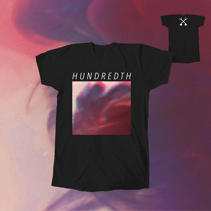 Hundredth black t-shirt with the band’s name above a square, abstract red and purple blurred image. Back features a small white crossed keys graphic near the collar. Includes free album download. Displayed on matching abstract background.