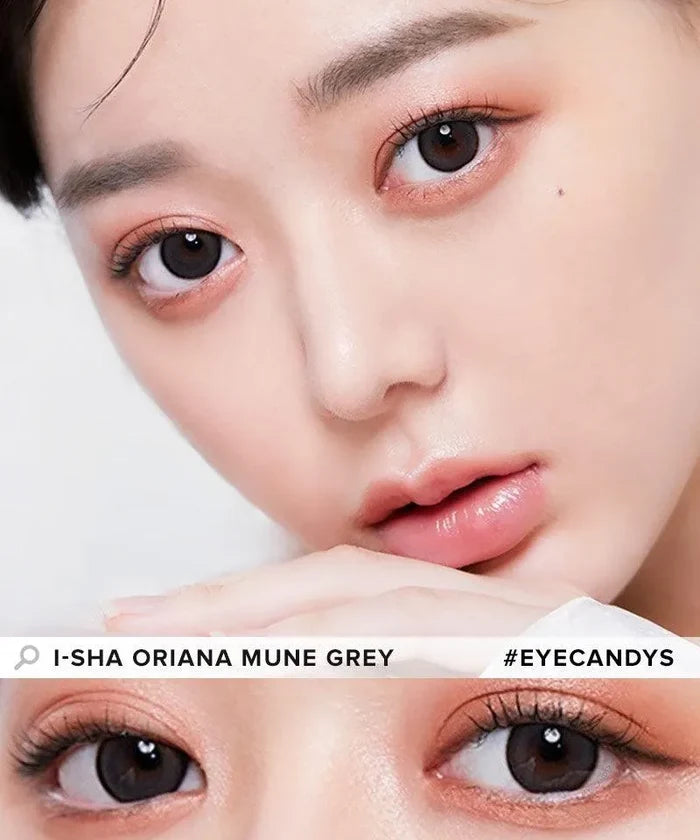 Model showcasing the natural look using i-Sha Oriana Mune Grey prescription colored contact lenses, above a closeup of a pair of eyes enhanced and widened by the circle lenses.
