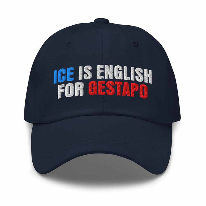 Black cap with colorful text on a white background