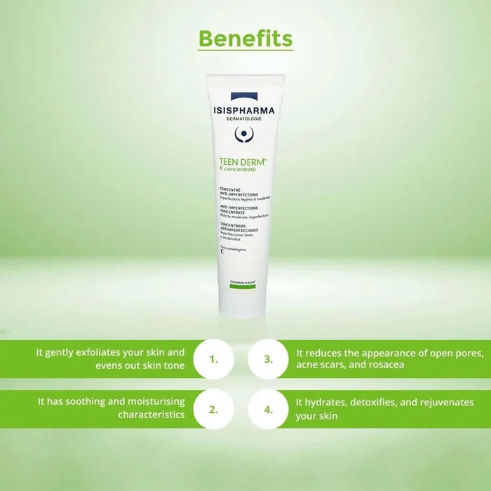 Tube of Isis Pharma Teen Derm with benefits listed.