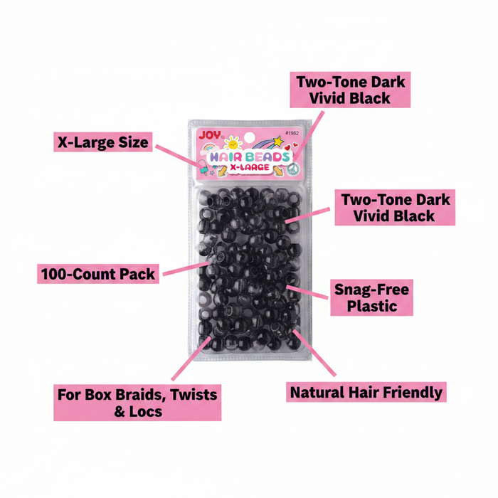 Joy Round Hair Beads X-Large, 100 Count, Two Tone Dark Vivid Black