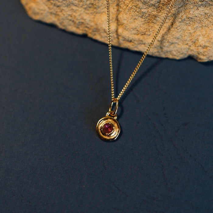 Gold necklace with a red gemstone pendant on a dark surface