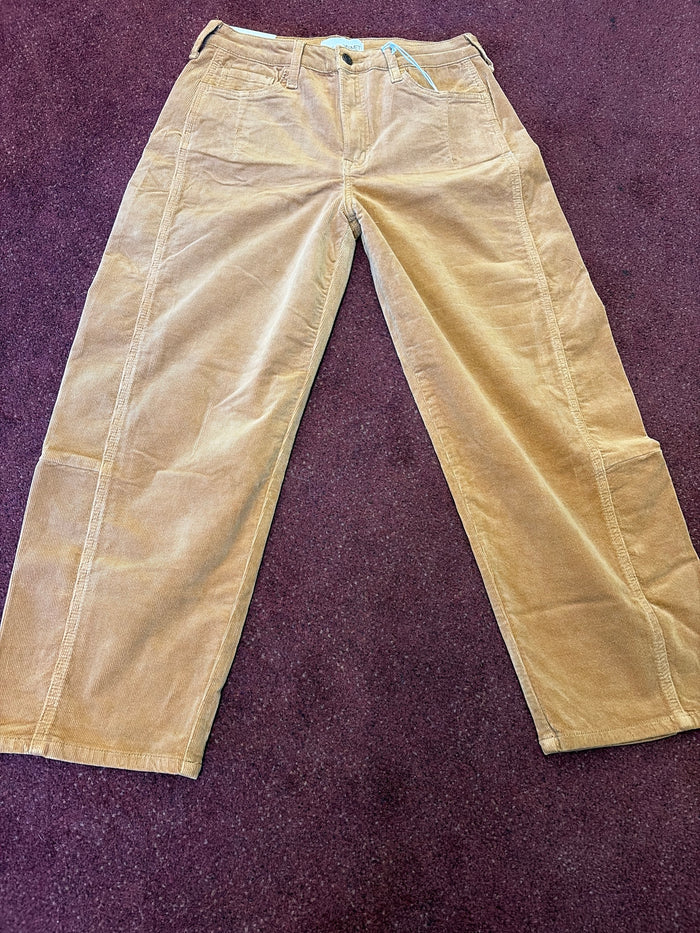 Vervet khaki barrel corduroy jeans showing relaxed fit, front pockets, and signature corduroy texture in a casual style.
