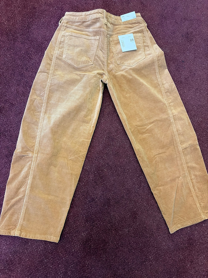 Vervet khaki barrel corduroy jeans with a relaxed fit, featuring classic five-pocket styling and a high-rise waist.