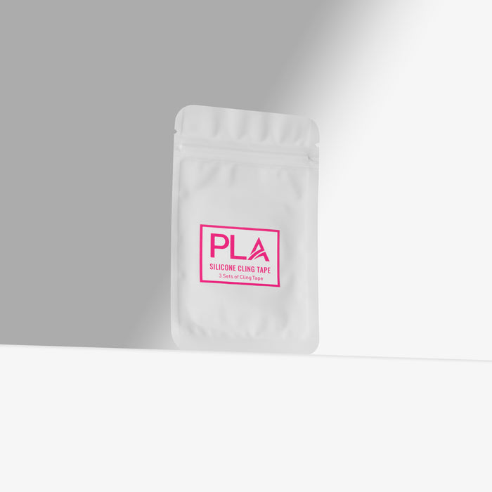 White packaging pouch with pink 'PLA' logo on a gray background