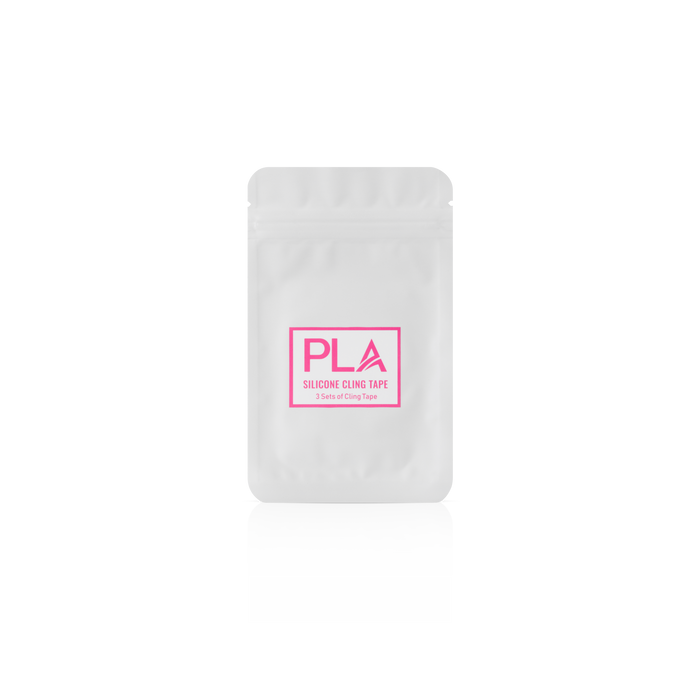 White packaging of PLA silicone cling tape with pink logo on a white background
