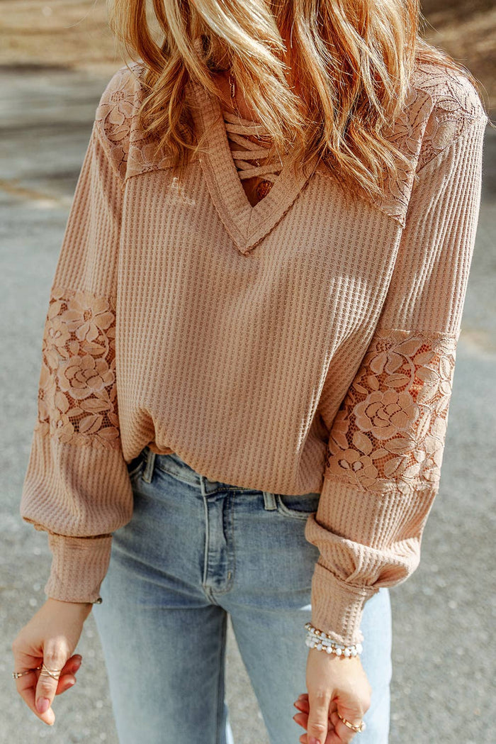 Lace waffle patchwork long sleeve top from Little Daisy Closet featuring textured fabric and intricate lace details.