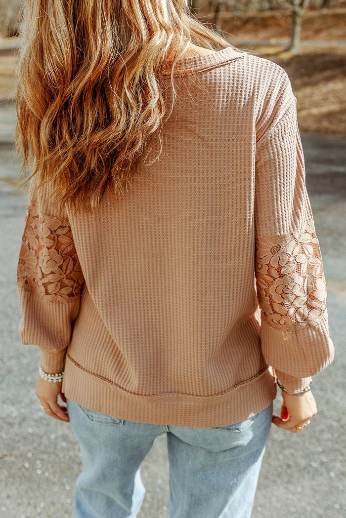 Lace waffle patchwork long sleeve top by Little Daisy Closet featuring textured fabric and stylish design.