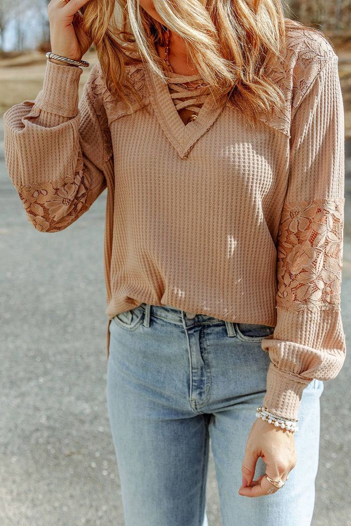Lace waffle patchwork long sleeve top by Little Daisy Closet featuring textured fabric and intricate lace details.
