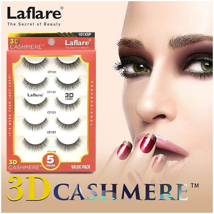 LAFLARE 3D cashmere eyelashes value pack with five pairs and dramatic model eye makeup showcase