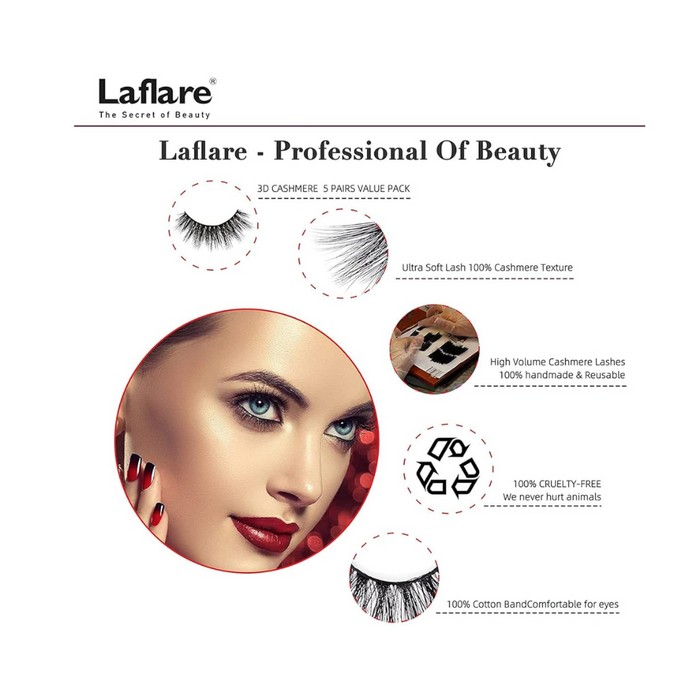 LAFLARE makeup packaging with model closeup and lashes 3D cashmere eyelashes value pack showing soft high volume cruelty free