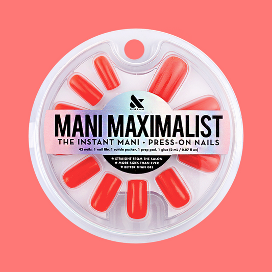 Lava - Press-On | Medium | Square showing bright orange-red medium square press-on nails in clear circular packaging