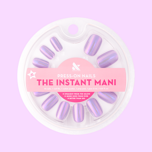 Lavender Chrome - Press-On | Short | Squoval showing short squoval false nails with shiny lavender chrome finish in round packaging